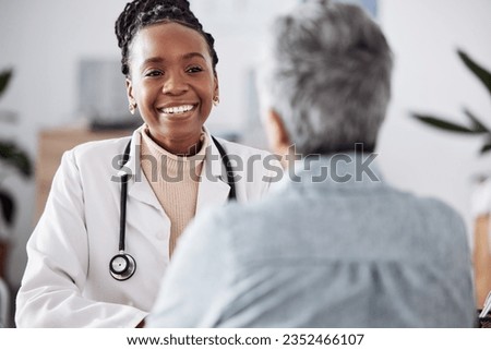 Happy, black woman or doctor consulting a patient in meeting in hospital for healthcare feedback or support. Smile, medical or nurse with a mature person talking or speaking of test results or advice