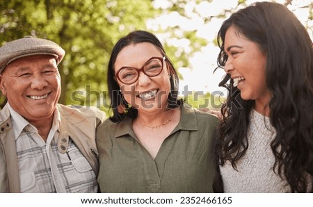 Portrait, mature parents and daughter laugh at retirement joke, goofy park journey or funny humour in wellness garden. Love, face and happy family woman, mama and cheerful papa bonding in Venezuela Royalty-Free Stock Photo #2352466165