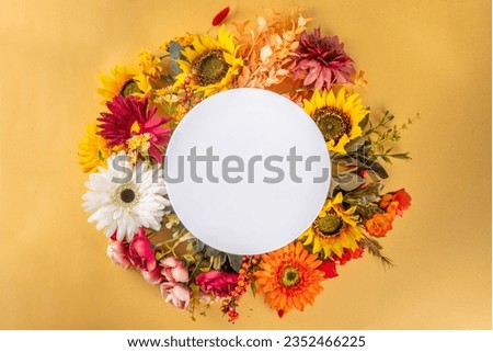 Autumn holidays greeting card background. Autumn red, orange, bright flowers and leaves a big bouquet on a background case. Teacher's Day, Thanksgiving Day, Halloween background