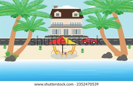 Set of summer vacation vector illustration Paradise Beach tropical beach, umbrella road and cars, resort mountain and coconut trees.