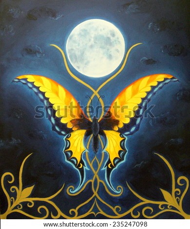 Beautiful oil painting of a butterfly with a moon and gold ornament on canvas