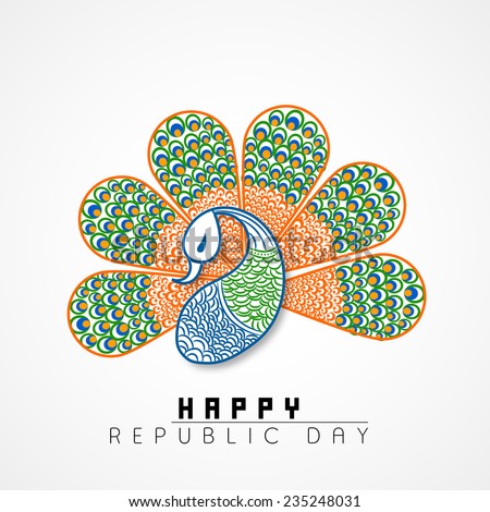 Beautiful peacock in national flag colors on grey background for Happy Indian Republic Day celebrations concept.