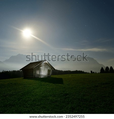 An Alpine Hit Under Full Moon, A Mountain Range with Full Moon, A hay barn on a green meadow at night, A Mountain Landscape Under Full Moon Light, The Karwendel Mountains at full moon, 