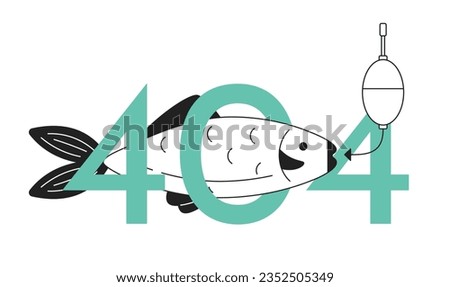 Fish on bait black white error 404 flash message. Fishing hobby. Activity. Monochrome empty state ui design. Page not found popup cartoon image. Vector flat outline illustration concept