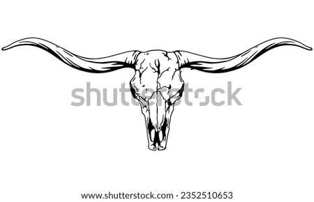 Texas Longhorn, Country Western Bull Cattle Vintage Label Logo Design. Vector hand drawing of the head of a Texas longhorn on a white backgroundf
