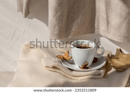 Coffee cup and fall light brown leaves on neutral light beige knitted sweater on beige table and white wall background with sunlight shadow. Aesthetic pastel autumn still life.