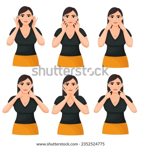 a girl with dark hair in a black T-shirt does facial exercises facefitness faceyoga