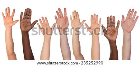 Many hands up isolated on white background Royalty-Free Stock Photo #235252990