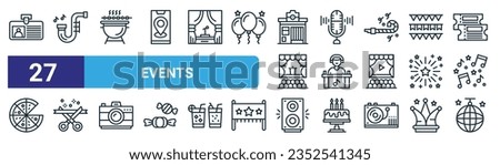 set of 27 outline web events icons such as id card, saxophone,  , microphone, dj, opening ceremony, speaker, disco ball vector thin line icons for web design, mobile app.