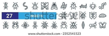 set of 27 outline web insects icons such as bedbug, beetle, worm, ladybug, butterfly, spider, tick, butterfly vector thin line icons for web design, mobile app.