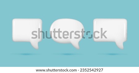 Set of realistic 3d white glossy speech bubble text, message box, chatting box. Cartoon 3d element, chat dialogue icon, empty speak bubble symbol. Abstract vector illustration on blue background Royalty-Free Stock Photo #2352542927