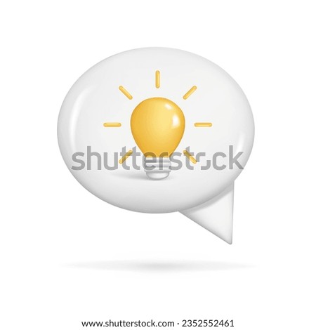 Realistic 3d speech bubble, light bulb with rays of light. Cartoon 3d glass lightbulb, business success concept, creativity idea symbol, thinking icon. Vector illustration isolated on white background