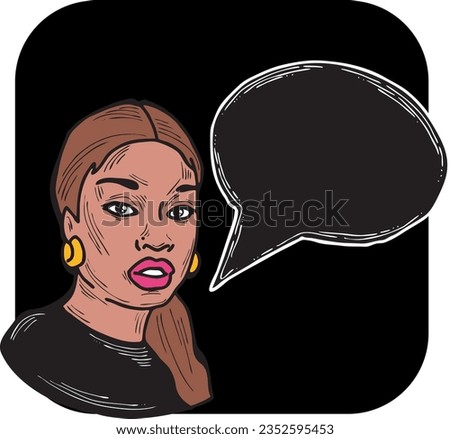Beautiful young woman talk. Empty speech bubble for sale promotion, text background, quotes. Hand drawn illustration, cartoon comic style vector.
