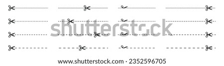 Cut line icon with scissor, cut here guidance, scissors and dash. Coupon mark and symbol for cropping, signifying voucher. Flat vector illustrations isolated in background.