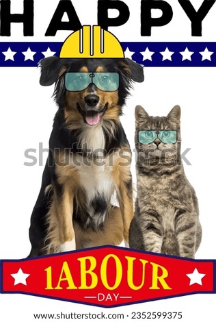Happy Labor Day poster, dog and cat wearing protective helmet, goggles, transparent background, great card for labor day, events, celebrations, holidays