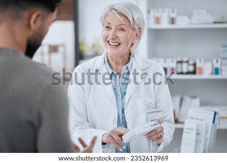 Happy senior woman, pharmacist and customer in consultation for medication or prescription at pharmacy. Mature female person, medical or healthcare employee consulting patient on pharmaceutical drugs Royalty-Free Stock Photo #2352613969