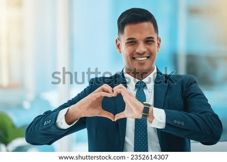 Hands, heart and portrait of business man for love, care and kindness of like emoji in office. Happy corporate worker with finger shape for thank you, trust and sign of hope, support or icon of peace