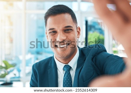 Businessman, selfie in office and smile on face, confident lawyer with profile picture for social media. Photography, business and happy man at law firm, corporate attorney with pride in legal career