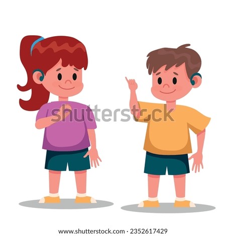 children with hearing aid vector illustration. boy and girl talking in Libras, Brazilian Sign Language. vector illustration. Royalty-Free Stock Photo #2352617429