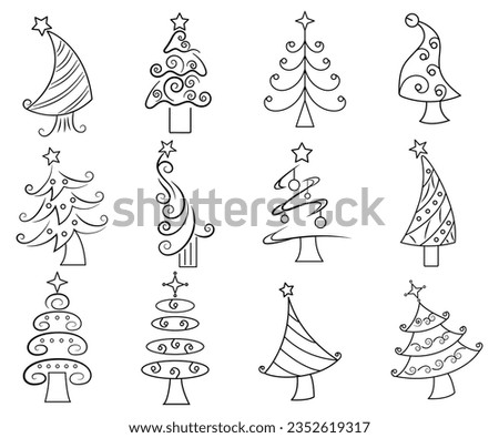 tree collection, Christmas clip art, Holiday December line art doodle vector