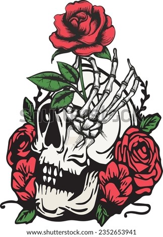 Skull with Flowers dead head skull doodle cartoon Vectors vintage illustration