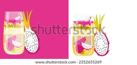 Set banner menu fruit food breakfast dragon fruit isolated on white and pink background 