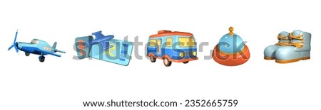 3D icon world tourism day collection rendered isolated on the white background. desk bell, hiking boot, airplane, airplane boarding pass, and caravan van object for your design.