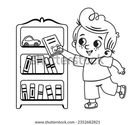 Black and white vector illustration of little boy taking a book from his library.