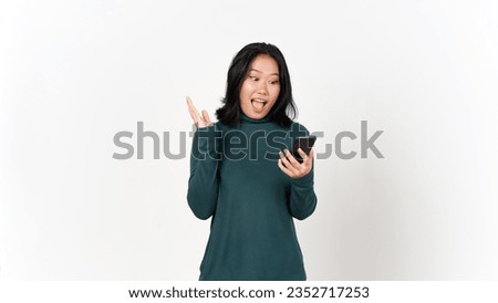 Holding Smartphone Shocked Amazed Looking at Smartphone Of Beautiful Asian Woman Isolated On White Background