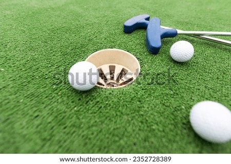 Golf ball and putter are on green grass.