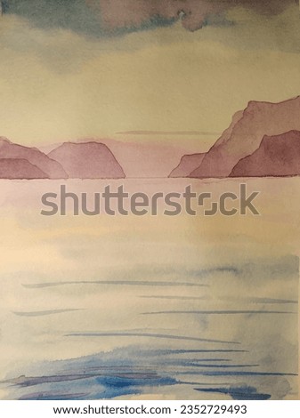 Watercoluor Sea Landscape. Blue Sea Watercolor Paint. Blue Ocen Paint. Sea Watercolor Background. Watercolor Ocean Sunset. Ocean Mountain Sunset. View Mountain Watercoluor.  Aquarelle Sunset Blue Sky