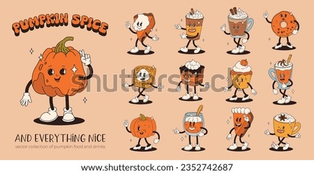 Funny Retro cartoon Pumpkin Character in groovy 50s, 60s, 70s Vintage Style. Happy Autumn mascot with pumpkin spice latte, pumpkin pie, pudding, cake, cupcake, waffles, donut and coffee. Royalty-Free Stock Photo #2352742687