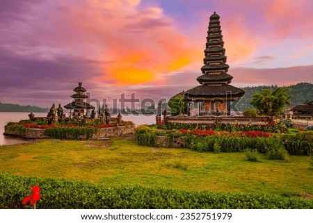 Gorgeous sunset at Pura Ulun Danu Bratan temple in Bali Royalty-Free Stock Photo #2352751979