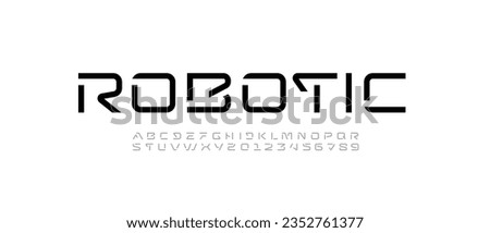 Tech font, digital alphabet, thin Latin letters A, B, C, D, E, F, G, H, I, J, K, L, M, N, O, P, Q, R, S, T, U, V, W, X, Y, Z and Arab numerals 0, 1, 2, 3, 4, 5, 6, 7, 8, 9, vector illustration 10EPS Royalty-Free Stock Photo #2352761377