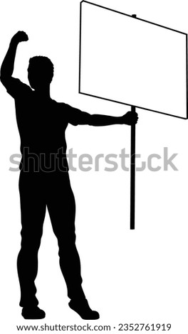 Protestor or demonstrator at a demonstration march, picket line or strike protest rally in silhouette. Holding up a banner or picket sign board placard. Royalty-Free Stock Photo #2352761919