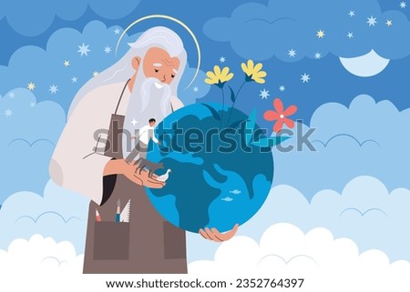 Earth theory flat concept with caring god character creating our world vector illustration