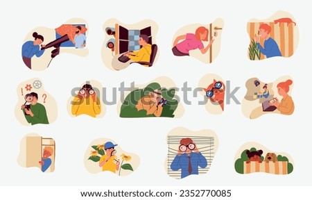 People observers spying sneaking peeping observing in binoculars and telescope flat collection isolated vector illustration Royalty-Free Stock Photo #2352770085