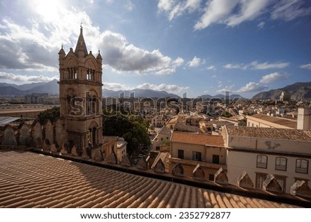 City of Palermo. Main attractions: Fontana Pretoria, Porta Nuova, Palazzo dei Normanni, Cathedral. City that has been able to blend Byzantines, Normans and Arabs with architectural and artistic style. Royalty-Free Stock Photo #2352792877