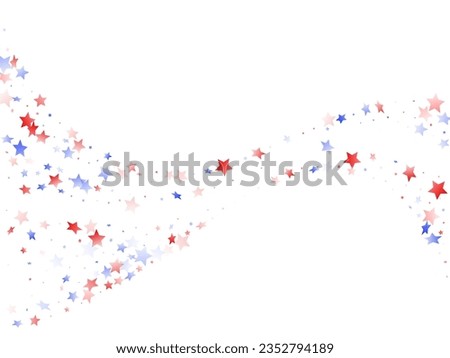 American Memorial Day stars background. Confetti in US flag colors for Independence Day.  Simple red blue white stars on white American patriotic vector. 4th of July stardust confetti.