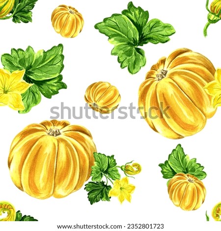 Seamless pattern of yellow pumpkins with leaves. Hand drawn watercolor illustration JPEG for design, fabrics, wrapping paper, wallpaper, covers, greeting cards, prints on clothing, textiles, .