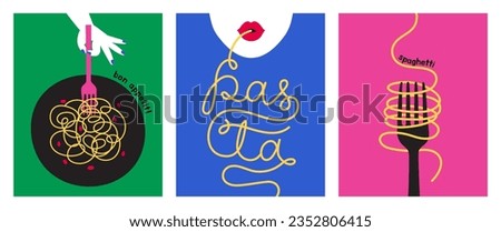 Spaghetti on a fork. Tasty italian food eating. Abstract poster set. Restaurant menu decoration. World pasta day hand lettering. Bright colored typography. Trendy style design Flat vector illustration Royalty-Free Stock Photo #2352806415