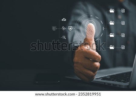 Futuristic fingerprint scanner ensuring global security and privacy. Cutting-edge technology for personal data protection. A glimpse into the future of biometric identification. Royalty-Free Stock Photo #2352819951
