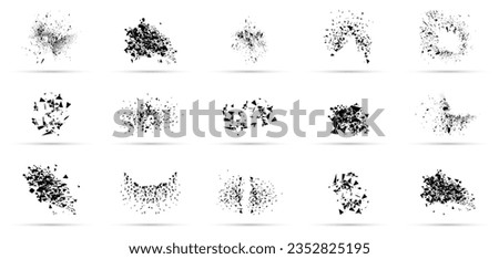 Explosion geometric shape collection. Set of broken element. Destruction effect shapes. Exploded element with spray particles. Broken glass with debris Royalty-Free Stock Photo #2352825195