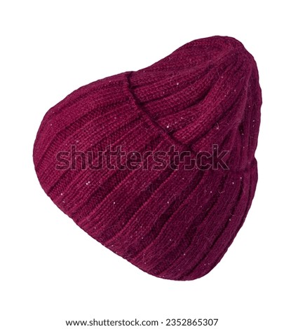 burgundy hat isolated on white background .knitted hat . Royalty-Free Stock Photo #2352865307