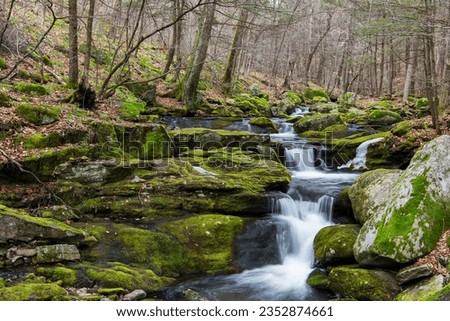 a small cascade flowing over rocks on falls brook trail in West Hartland Connecticut. Royalty-Free Stock Photo #2352874661