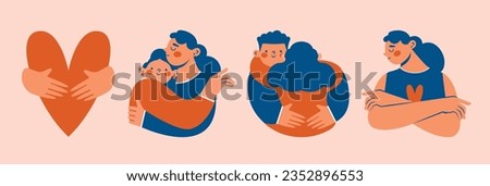 Set of abstract cute illustrations with friends, mother and child, lovers, persons are standing, hugging, posing together. Hand drawn cartoon characters. Togetherness, friendship, motherhood concept.  Royalty-Free Stock Photo #2352896553
