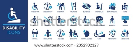 Disability icon set. Containing wheelchair, accessibility, blind, broken leg, disabled, assistance and deafness icons. Solid icon collection. Vector illustration. Royalty-Free Stock Photo #2352902129