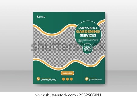 lawn care and gardening service social media cover or post and web banner design template with geometric green gradient color shapes