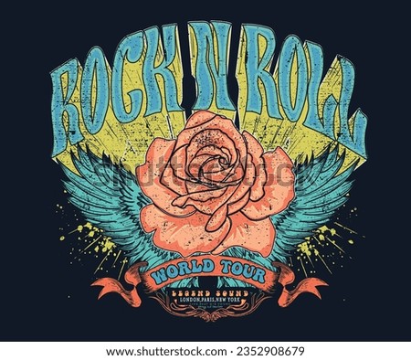 Rock and roll t-shirt print design.  Music world tour poster. Live fast die young. Eagle wing and rose flower art. Make some noise.  Royalty-Free Stock Photo #2352908679