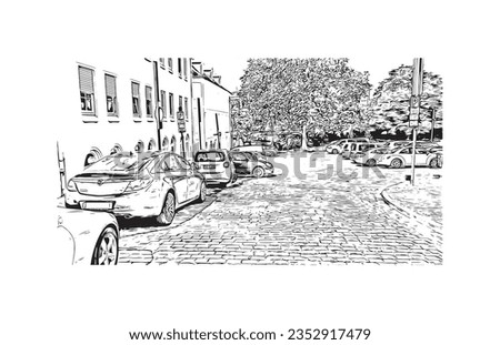 Building view with landmark of Saarbruck is the city in Germany.
Hand drawn sketch illustration in vector.
